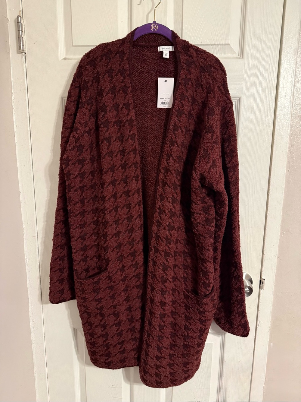 Nine West Burgundy Houndstooth Open-Front Cardigan